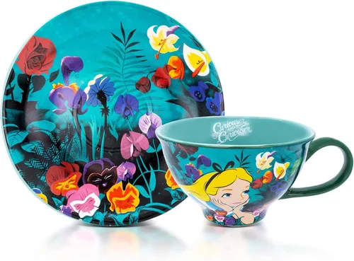 Disney Alicia en el país de las maravillas - Juego de taza de té y platillo de cerámica de 12 onzas | Juego de regalo de fiesta de té para café,