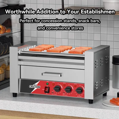Miniatura 4 de CROSSON Hot Dog 7 Rodillos con Calentador de Pan, Máquina Comercial de Cocina con Asador Giratorio Antiadherente 7 en 304, Parrilla Eléctrica