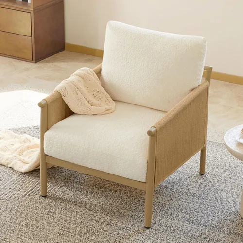Miniatura 4 de CHITA Sillas decorativas trenzadas, sillón moderno con marco de metal con acabado similar a la madera para sala de estar y dormitorio, silla