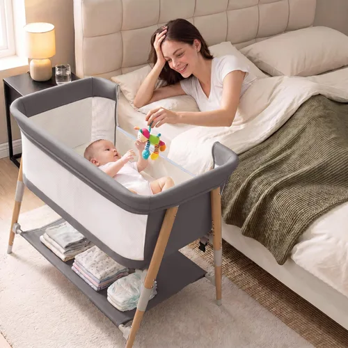 Miniatura 7 de Cuna de bebé, cuna portátil 3 en 1 para recién nacido, cuna de bebé portátil con 4 ruedas desmontables y altura ajustable, malla transpirable y Verde