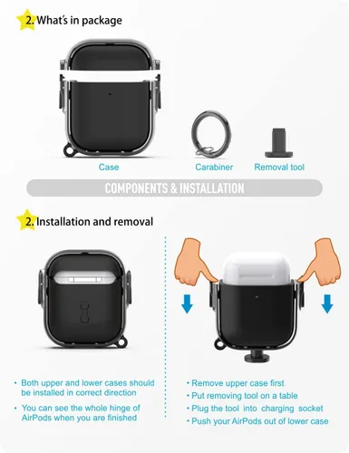 Miniatura 5 de estuche para AirPods 1ª y 2ª generación, estuche Airpod con cierre seguro con llavero de clip, funda protectora de material híbrido de cuerpo Negro