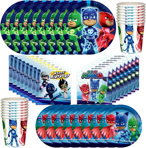 Treasures Gifted Suministros para fiesta de cumpleaños con licencia oficial de PJ Masks - Sirve a 24 invitados - Juego clásico de vajilla PJ Masks -