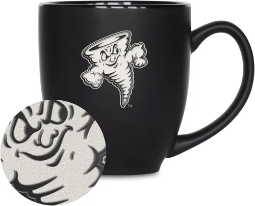 Miniatura 444 de Rico Industries - Taza de cerámica mate negra con grabado láser estándar de 15oz para NCAA (escuelas T & U) - Para bebidas calientes o frías