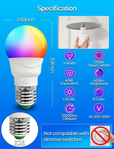 Miniatura 2 de ILC Bombilla LED RGB que cambia de color, equivalente a 40 W, 450 lm, 2700 K, blanco cálido, 5 W, base de rosca E26 RGBW, bombilla de inundación