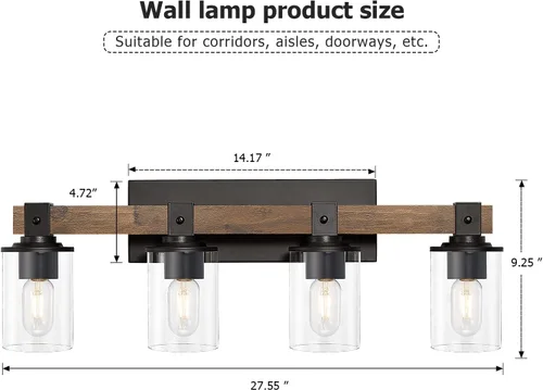 Miniatura 4 de DUJAHMLAND Lámpara de tocador de granja, aplique industrial de madera de 4 luces, iluminación de tocador de baño con pantalla de luces de vidrio