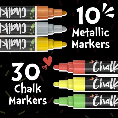 Chalkola 30 marcadores + 10 metálicos de 0.236 pulgadas - Paquete de colores divertidos