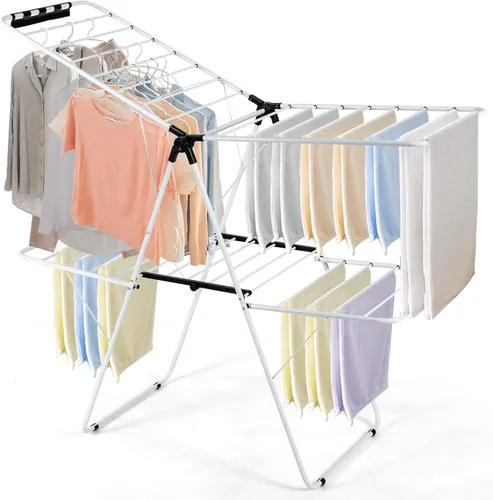 GOFLAME Estante de secado de ropa de 2 niveles, estante plegable para ropa sucia con barra de soporte ajustable, 26 clips premium, ahorro de espacio