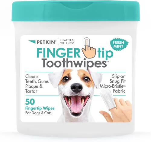 Miniatura 10 de Petkin Toallitas dentales para perros y gatos, 50 toallitas para dedos, sin cordones, ajuste cómodo, tela de microcerdas, limpia dientes, encías