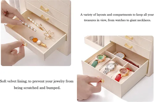 Miniatura 5 de GUKA Joyero organizador con espejo, caja de joyería de 5 capas con 4 cajones para collares, pulseras, reloj, anillos y aretes, almacenamiento grande