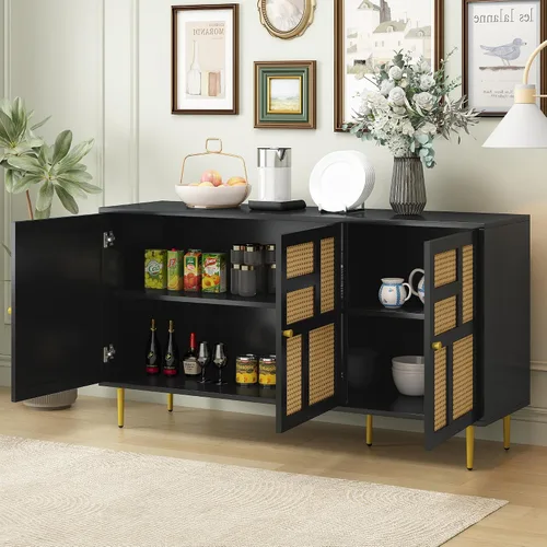 Miniatura 4 de KLMM Armario de almacenamiento moderno con puerta de ratán y estantes ajustables, soporte de TV para televisores de hasta 55 pulgadas, mesa consola