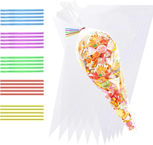 Miniatura 9 de LOMIMOS 150 bolsas de dulces de celofán de Halloween, bolsas de plástico transparente con 300 lazos giratorios para aperitivos, galletas