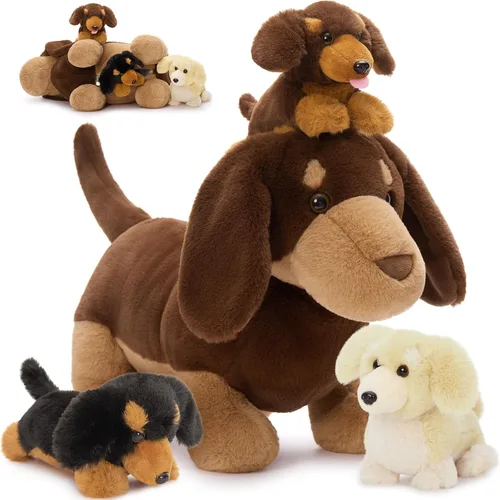 Miniatura 22 de Muiteiur Triceratops - Animal de peluche gigante de dinosaurio para mamá con 3 bebés pequeños, juguete de dinosaurio de felpa suave verde, regalo