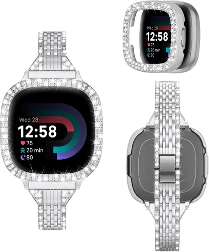 Miniatura 8 de MOFREE Compatible con Fitbit Versa 4 bandas/Fitbit Sense 2 bandas para mujeres con funda protectora de parachoques duro, joyería elegante pulsera