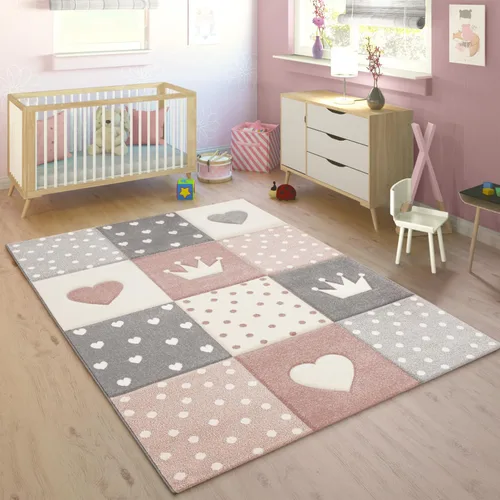 Alfombra infantil de colores pastel a cuadros con corazones y estrellas, blanco, gris, rosa, tamaño: 2 pies 8 pulgadas x 4 pies 11 pulgadas