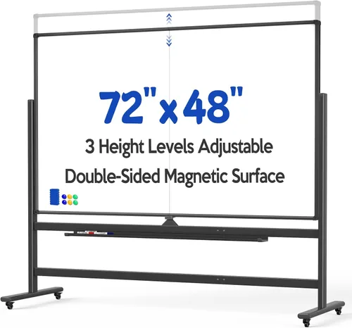 Pizarra blanca magnética grande de 72 x 48 pulgadas, pizarra de borrado en seco de doble cara con soporte y ruedas, pizarra blanca móvil para el