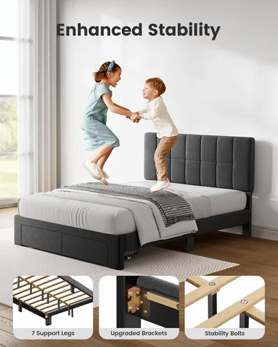 Miniatura 7 de Pipishell Marco de cama Full con 2 cajones de almacenamiento, 12 patas resistentes, base de cama de madera maciza con cabecera tapizada