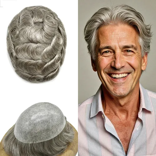 Miniatura 26 de Toupee para hombres Cabello humano real suave Poly Skin Mens Toupee Hair Units System Natural Looking Grey Brown Blonde Mens Hairpiece Protesis
