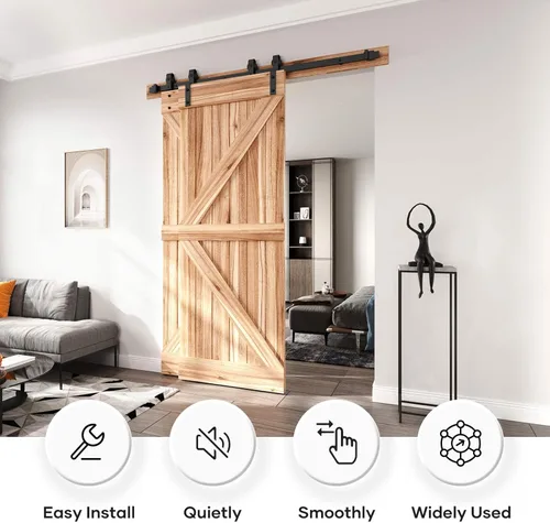 Miniatura 2 de EaseLife Kit de herrajes para puerta corrediza doble de granero de 5 pies, pista única, se desliza suavemente silenciosamente, fácil de instalar