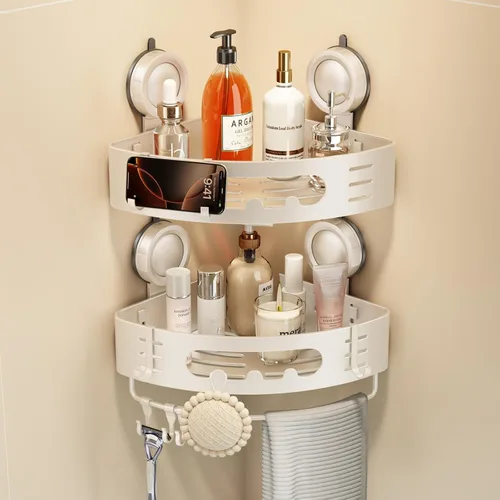 Miniatura 16 de Voldra Organizador de ducha esquinero con ventosa, estantes de ducha esquineros de aluminio para pared sin taladrar, organizador de ducha