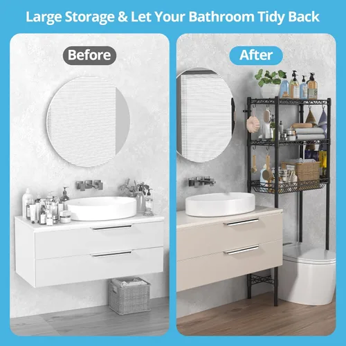 Miniatura 6 de Hodonas Estante de almacenamiento sobre el inodoro, organizador de baño ajustable con soporte para papel higiénico y 8 ganchos, 3 niveles de metal