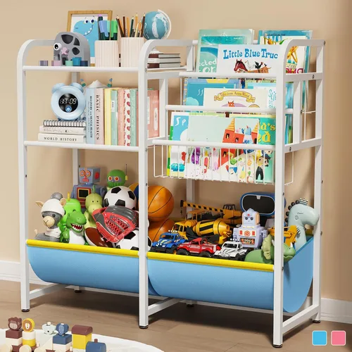 Estantería 3 en 1 para niños y organizador de almacenamiento de juguetes, organizador de libros Montessori para bebés, estante de exhibición de Azul