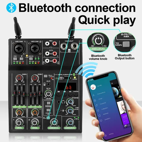 Miniatura 2 de Depusheng Mezclador de audio profesional, mezclador de sonido de 4 canales con micrófono inalámbrico dual, consola de tablero de sonido, MP3