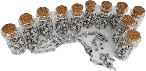 YRP Rosario blanco de 12 bautizos en frascos de vidrio con cuentas Rosario Recuerdos de Bautizo Crucifijo católico de plata collar de fiesta bautismo