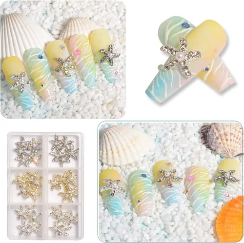 30 dijes de uñas de estrella de mar de aleación 3D, diamantes de imitación de uñas de 6 colores AB brillantes cristales diamantes, joyería de uñas