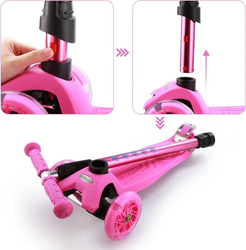 Miniatura 4 de Patinete de 3 ruedas para niños de 6 a 12 años, patinete infantil con ruedas iluminadas, diseño de cubierta resistente y 4 alturas ajustables, Rosa