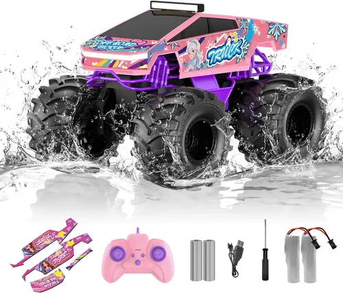 Miniatura 10 de Coche de control remoto para niños, juguetes de camiones monstruo 1:18, autos RC anfibios, camiones RC impermeables de 2.4 GHz, camioneta Oro
