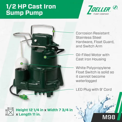 Miniatura 2 de Zoeller Bomba de sumidero M98 Flow-Mate - 1/2 HP - Hierro fundido - Enchufe de alimentación LED - Alto flujo - Turbina de vórtice - Hardware