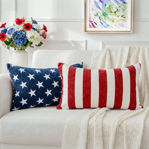 Miniatura 11 de Juego de 2 fundas de almohada patrióticas de felpilla con estrellas geométricas, 18 x 18 pulgadas, decoración americana para el día