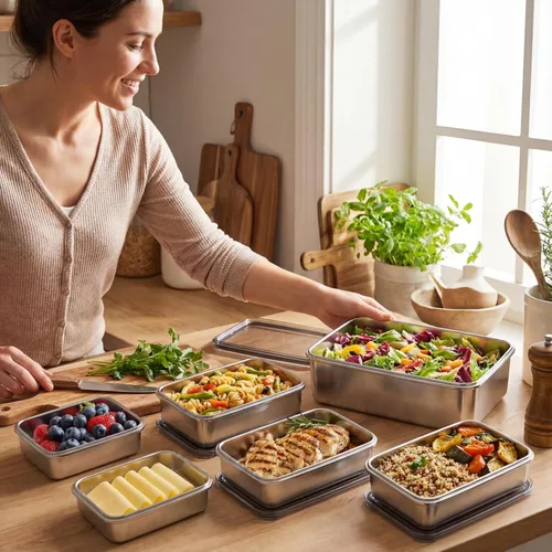 Miniatura 7 de Hushee Juego de 6 contenedores para tocino y queso para refrigerador, contenedor hermético de carne para delicatessen de acero inoxidable 304