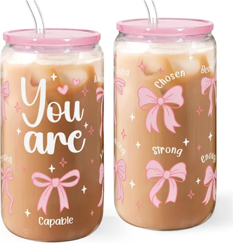 Miniatura 13 de SANDJEST Vaso de Vidrio con Margaritas en Patrón de Tablero de Ajedrez, Taza Floral a Cuadros con Tapa y Pajita, Tazas Estéticas de Café Helado