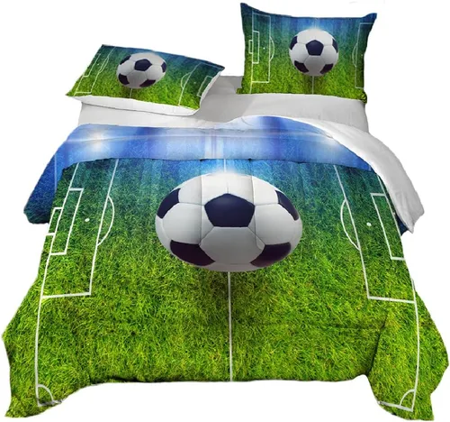 Miniatura 12 de Suncloris Juego de edredón de fútbol 3D para niños, edredón de ropa de cama deportiva tamaño individual con temática de fútbol con 2 fundas