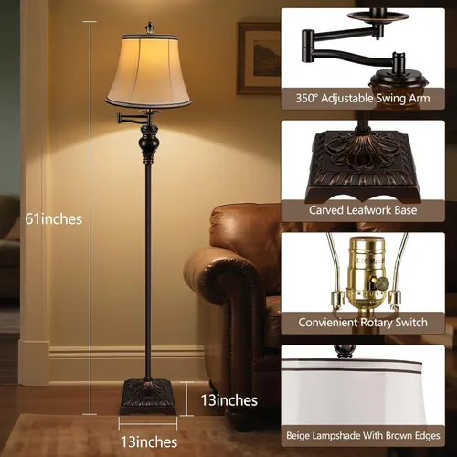 Miniatura 2 de PARTPHONER Lámparas de pie vintage para sala de estar, lámpara de pie de granja tradicional con brazo oscilante ajustable de 350° para dormitorio