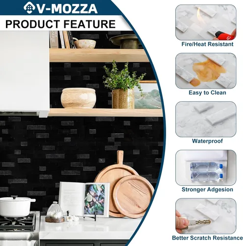 Miniatura 4 de Azulejos de mosaico de piedra natural 3D de 5 hojas, 12 x 11 pulgadas para despegar y pegar, azulejos de pared autoadhesivos negros mixtos