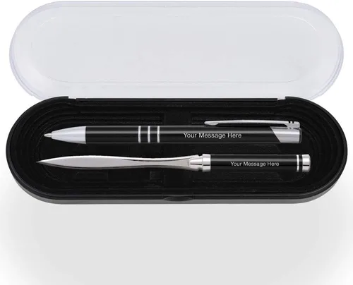 Juego de regalo personalizado con bolígrafo grabado con láser y cortadora de letras. Incluye estuche. Color negro del producto con detalles