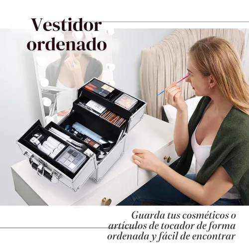 Miniatura 9 de FRENESSA Estuche de Tren para Maquillaje, Caja Organizadora de Cosméticos Portátil con Candado, Estuche de Viaje para Maquillaje con 4 Bandejas