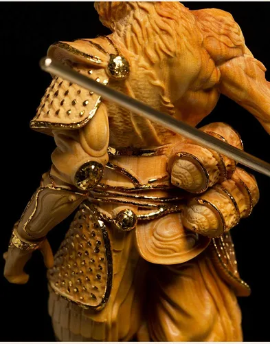 Miniatura 6 de Estatua de rey mono Wukong tallada en madera de boj natural (chapado en oro)