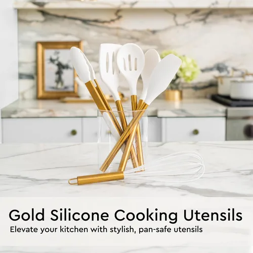 Miniatura 4 de Juego de utensilios de cocina dorados - Juego de 19 piezas incluye utensilios de acero inoxidable dorados, herramientas de silicona blancas, y tazas
