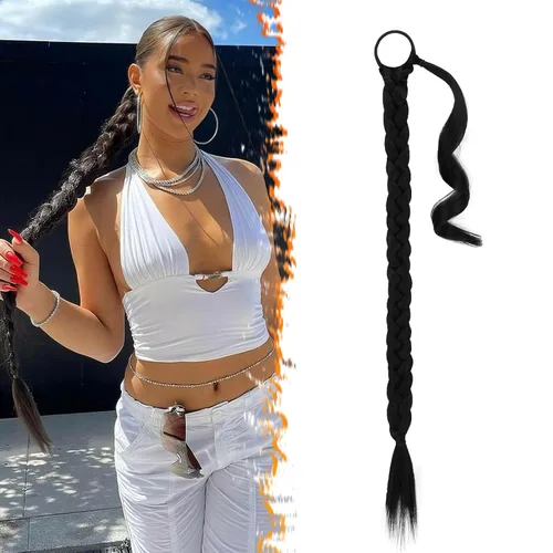 Miniatura 44 de Barsdar Extensión de 26 Pulgadas de Cola de Caballo Trenzada Larga con Banda Elástica - Extensiones de Cabello en Cola de Caballo Recta y Elegante