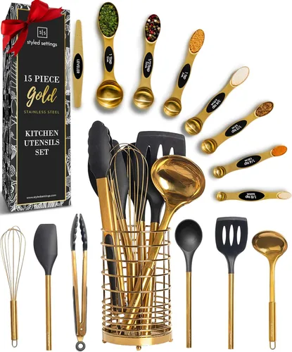 Juego de utensilios de cocina negro y dorado de Styled Settings – Juego de cocina de 15 piezas incluye utensilios de silicona negros, soporte de