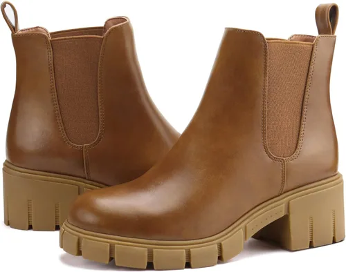 Miniatura 5 de starmerx Botines de plataforma para mujer, botas Chelsea elásticas, tacón medio, botines sin cordones
