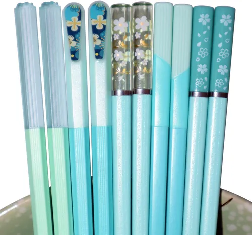 Miniatura 5 de 5 pares de palillos reutilizables de fibra de vidrio azul y verde, palillos japoneses, coreanos, chinos, antideslizantes, aptos para lavavajillas