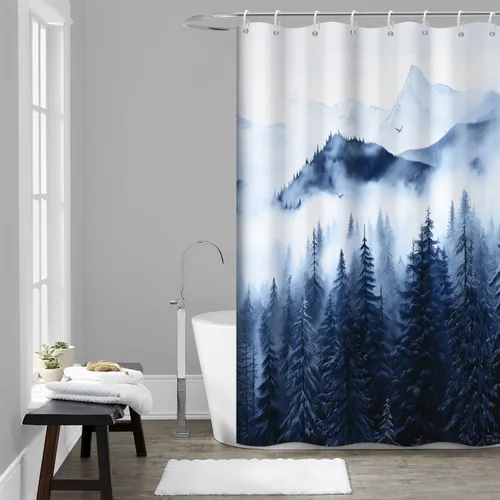 Miniatura 23 de Cortina de ducha pequeña en blanco y negro, juego de cortina de ducha de bosque brumoso para baño, impermeable, decoración de baño de montaña