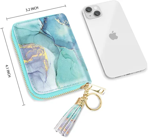 Miniatura 4 de Coco Rossi Billetera pequeña para tarjetas de crédito RFID con purpurina linda para mujer, C mármol verde