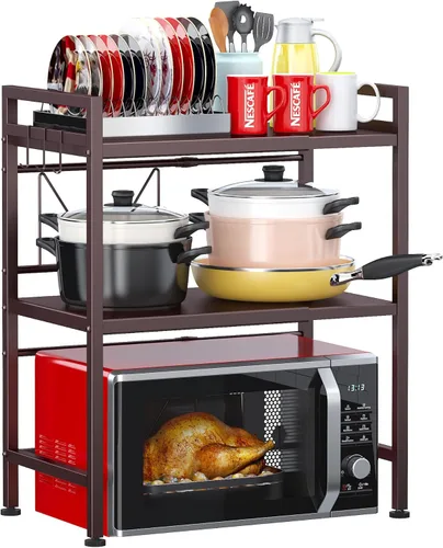Miniatura 15 de PUSDON Estante para horno microondas negro texturizado, organizador de encimera de cocina expandible de 2 niveles, soporte de acero al carbono