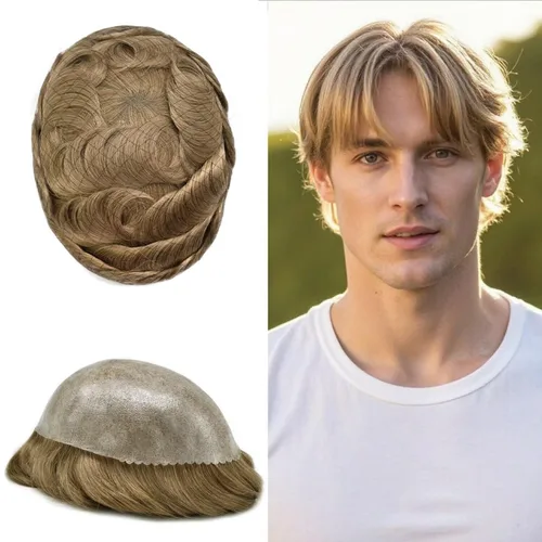 Miniatura 14 de Toupee - Sistema de reemplazo de cabello humano real de 0.004 in para hombres, con inyección, poliuretano duradero, piel fina, línea capilar