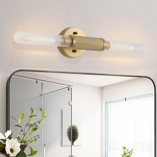 Miniatura 2 de Apliques de pared con textura moleteada dorada de 24" Lámparas modernas cilíndricas para tocador de baño con pantalla de vidrio transparente rayado